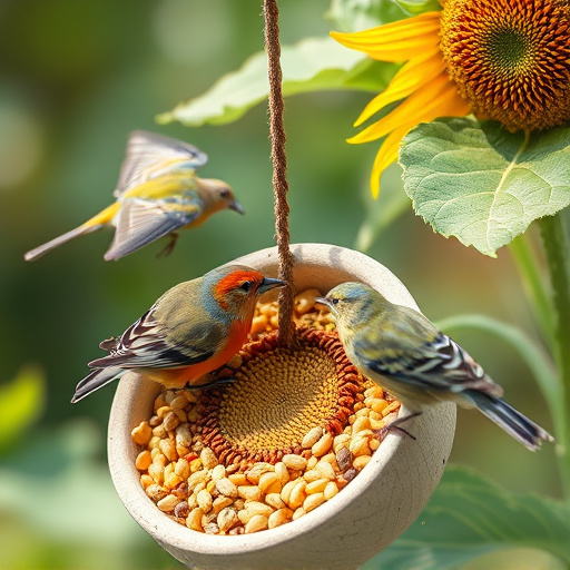 Garden birds feeding on sunflower seeds