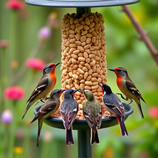 Garden birds gathered around peanut feeder