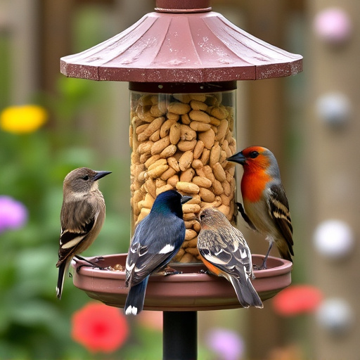 Garden birds gathered around peanut feeder