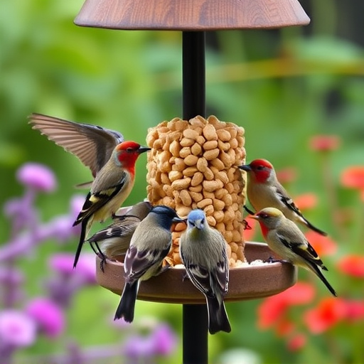 Garden birds gathered around peanut feeder