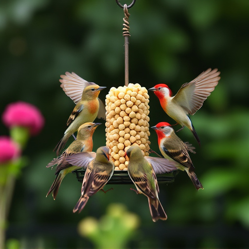 Garden birds gathered around peanut feeder