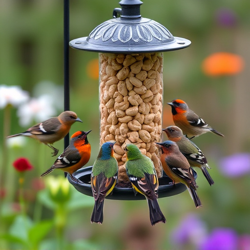 Garden birds gathered around peanut feeder