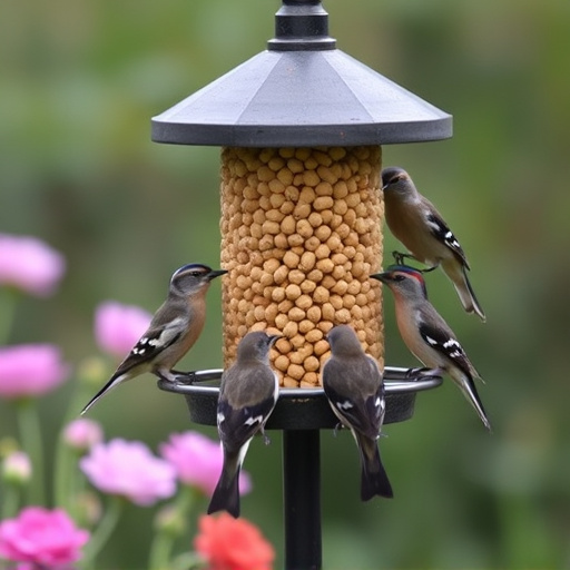Garden birds gathered around peanut feeder