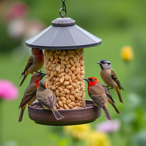 Garden birds gathered around peanut feeder