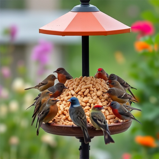 Garden birds gathered around peanut feeder
