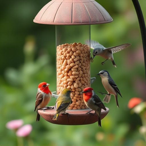 Garden birds gathered around peanut feeder
