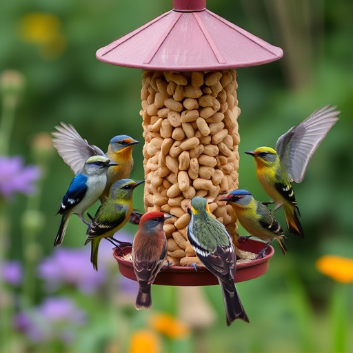 Garden birds gathered around peanut feeder