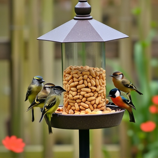 Garden birds gathered around peanut feeder