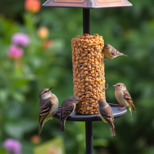 Garden birds gathered around peanut feeder