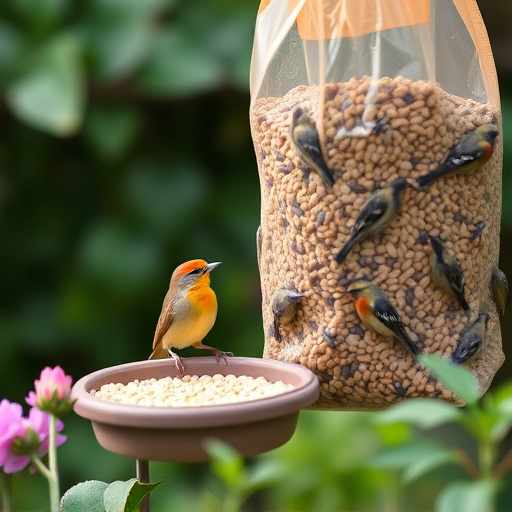 Garden birds near bulk seed bag