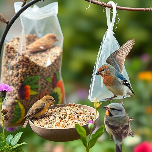 Garden birds near bulk seed bag
