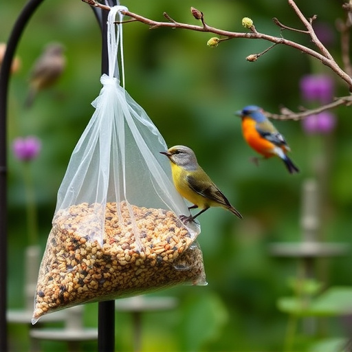 Garden birds near bulk seed bag