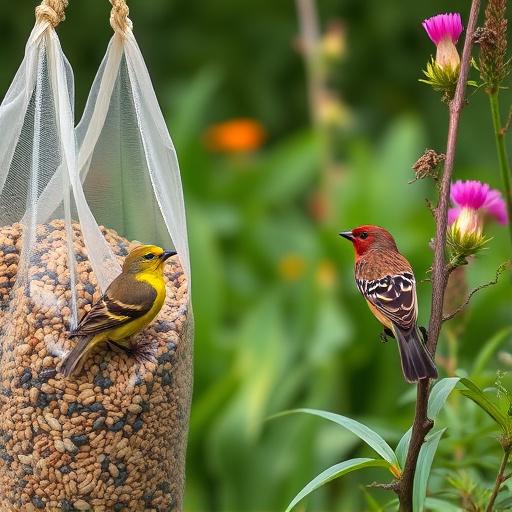 Garden birds near bulk seed bag