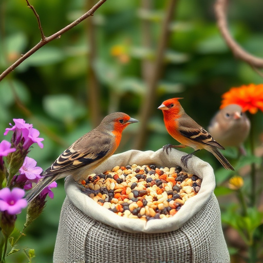 Garden birds near bulk seed bag