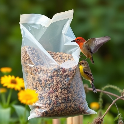 Garden birds near bulk seed bag