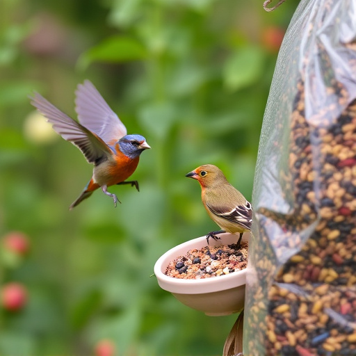 Garden birds near bulk seed bag