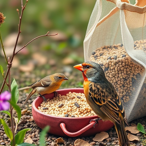Garden birds near bulk seed bag