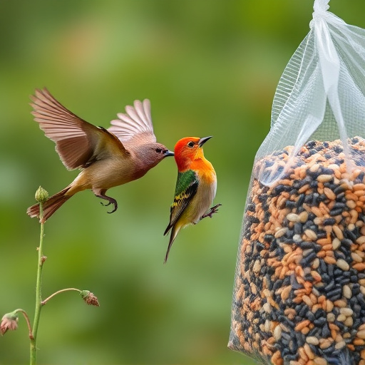 Garden birds near bulk seed bag
