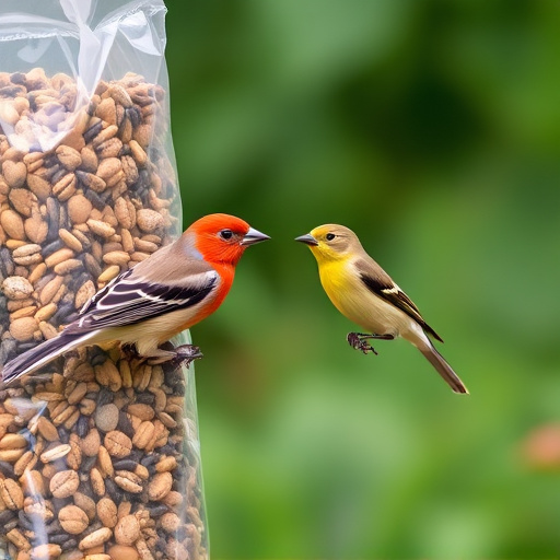 Garden birds near bulk seed bag