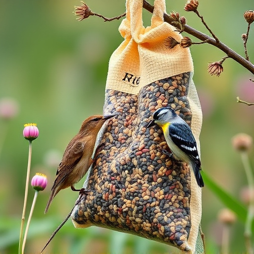 Garden birds near bulk seed bag
