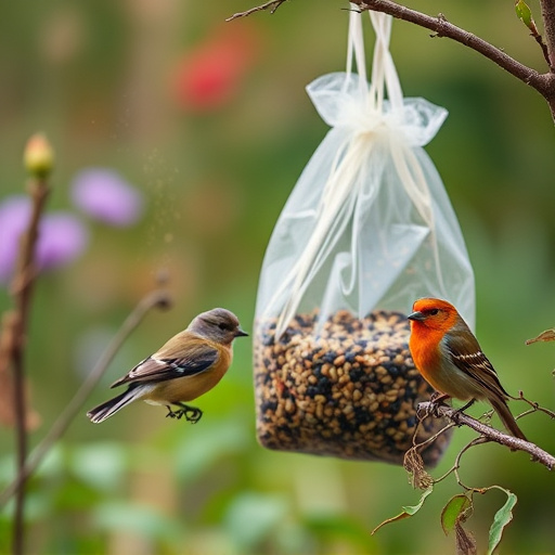 Garden birds near bulk seed bag