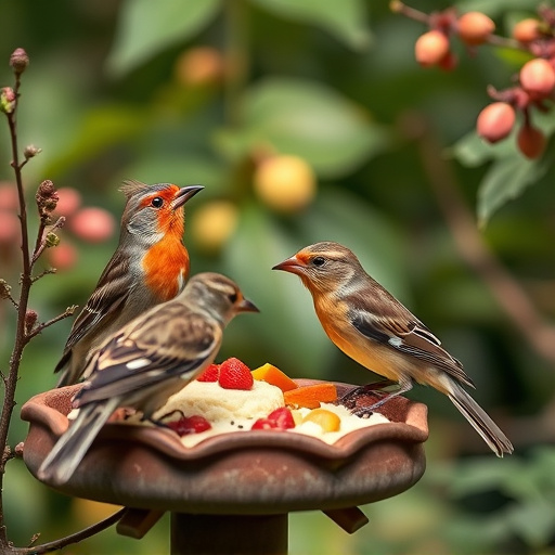 Garden birds near freshly delivered food