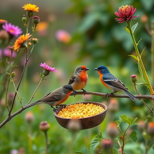 Garden birds near freshly delivered food