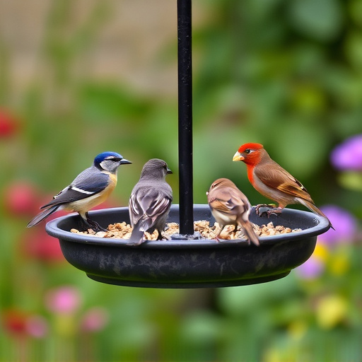 Garden birds perching on feeder tray