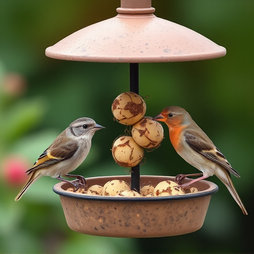 Garden birds sharing fat balls in feeder