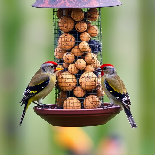 Garden birds sharing fat balls in feeder