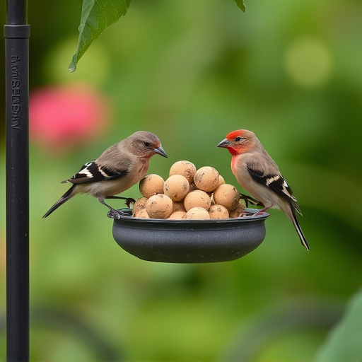 Garden birds sharing fat balls in feeder