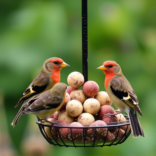 Garden birds sharing fat balls in feeder