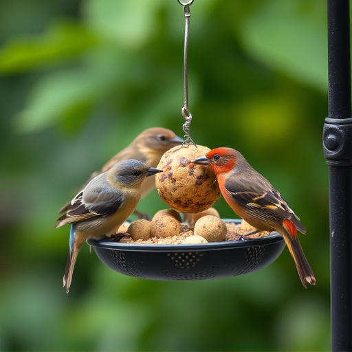 Garden birds sharing fat balls in feeder