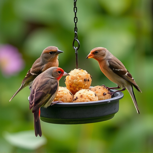 Garden birds sharing fat balls in feeder