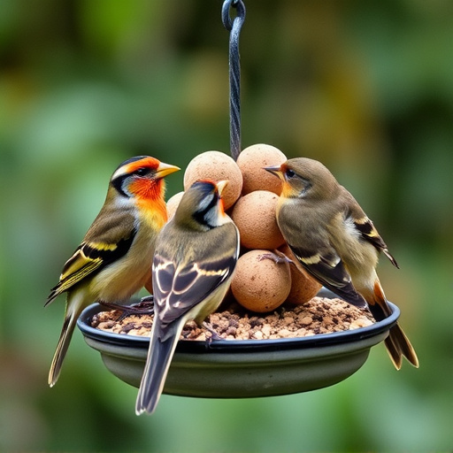 Garden birds sharing fat balls in feeder