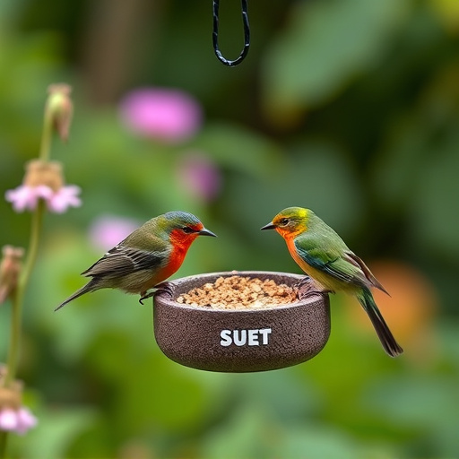 Garden birds sharing suet block holder
