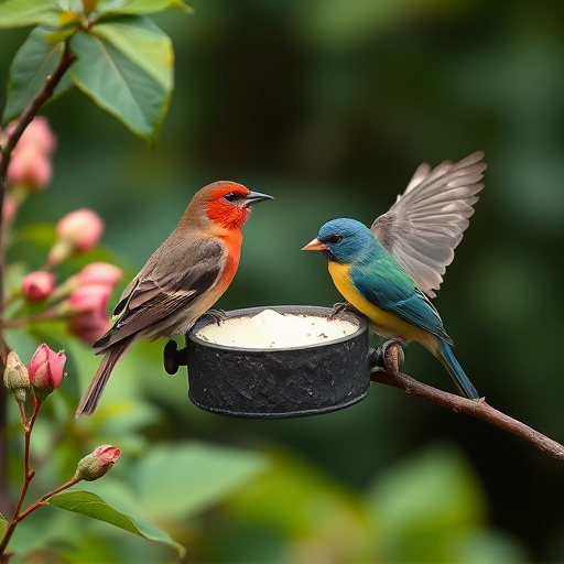 Garden birds sharing suet block holder