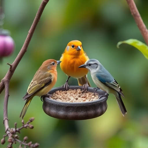 Garden birds sharing suet block holder