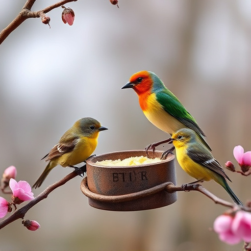 Garden birds sharing suet block holder