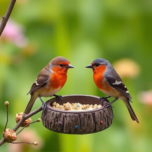 Garden birds sharing suet block holder