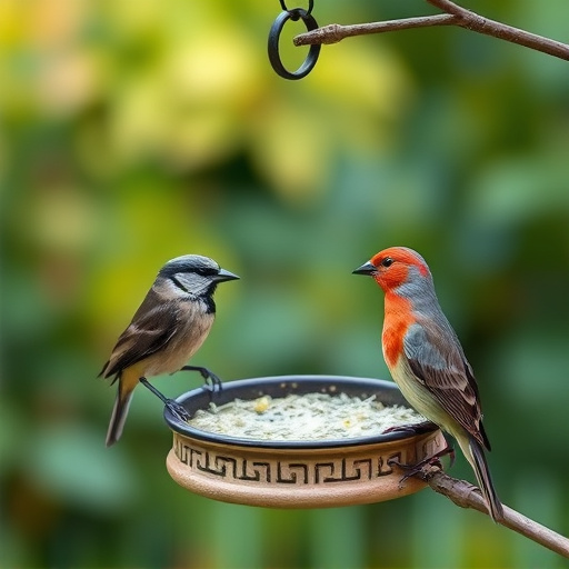 Garden birds sharing suet block holder