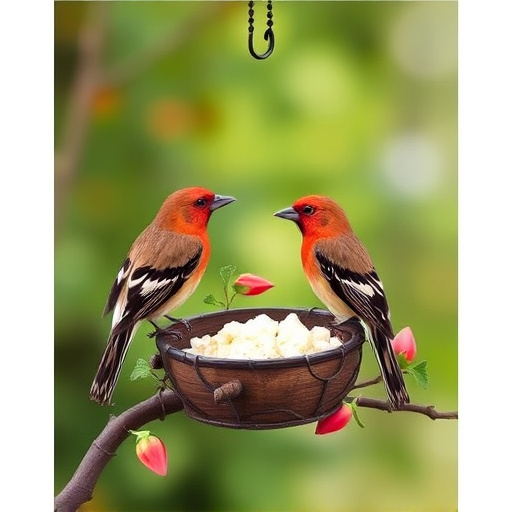 Garden birds sharing suet block holder
