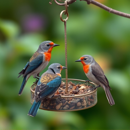 Garden birds sharing suet block holder