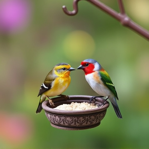 Garden birds sharing suet block holder