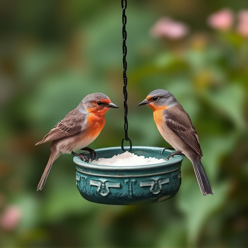 Garden birds sharing suet block holder