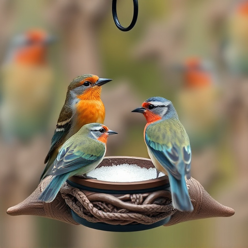 Garden birds sharing suet block holder