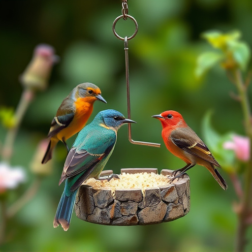 Garden birds sharing suet block holder