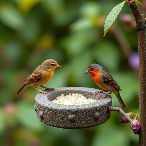 Garden birds sharing suet block holder