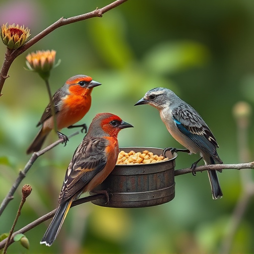 Garden birds sharing suet block holder
