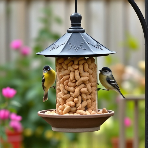 Garden feeder filled with bird peanuts